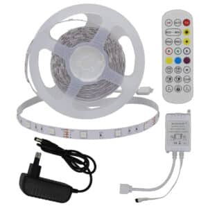 КОМПЛЕКТ LED ЛЕНТА С АДАПТЕР + ИНФРАЧЕРВЕН КОНТРОЛЕР + ДИСТАНЦИОННО DC12V 5050 30 ДИОДА RGB IP20